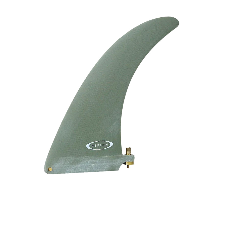 Vista de perfil de la quilla Deflow Midhull 8,5" Grey mostrando el barrido del template inspirado en Greg Liddle y el laminado gris de fibra de vidrio.