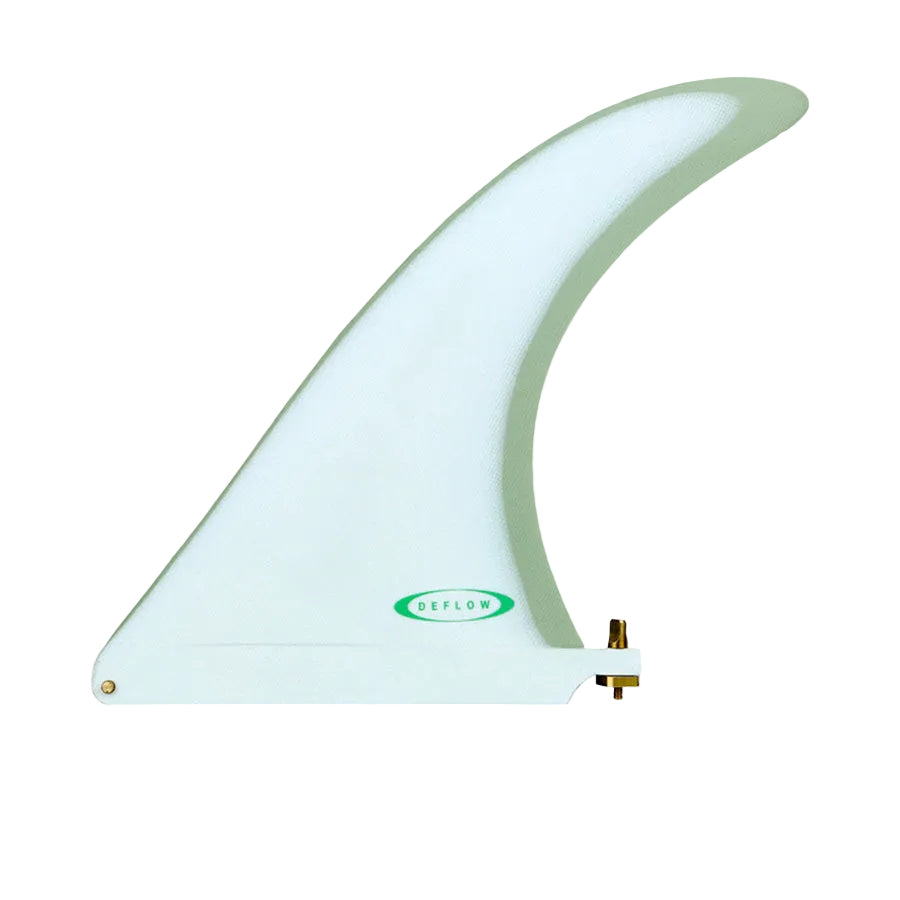 Quilla single fin Deflow Cream 9" en color Austin verde salvia pálido translúcido, vista frontal mostrando el contorno en A y el perfil raked-back en fibra de vidrio sobre fondo blanco.