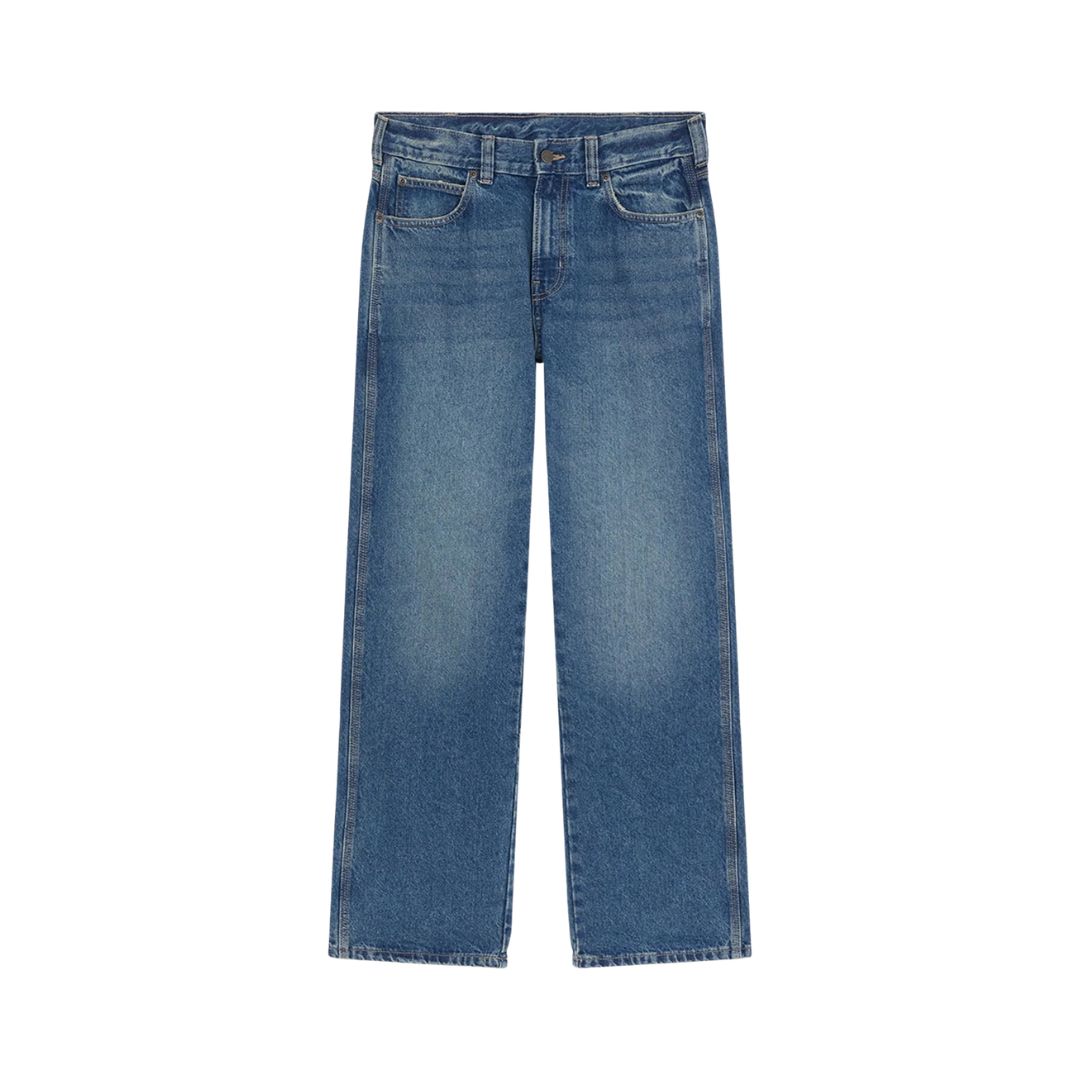 Vaqueros Dickies 954 Relaxed Straight Work Jeans classic blue, vista frontal en plano sobre fondo blanco, con botón metálico, cinco bolsillos, trabillas y tejido flameado desgastado.