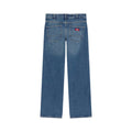 Vaqueros Dickies 954 Relaxed Straight Work Jeans classic blue, vista trasera en plano sobre fondo blanco, con dos bolsillos de parche, etiqueta roja Dickies y trabillas para cinturón.