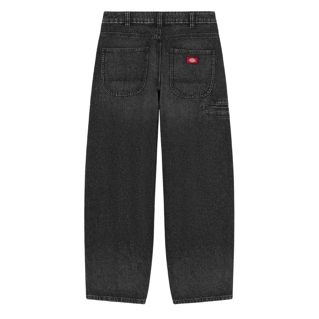 Dickies 958 Baggy Tapered Work Jeans Black Washed Fade vista trasera completa con 5 bolsillos y diseño workwear.