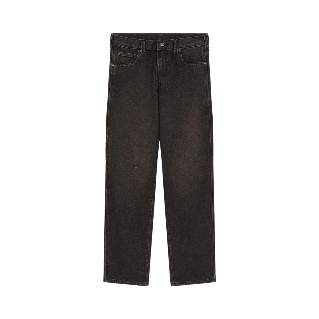 Vaqueros Dickies 993 Regular Tapered Carpenter en color black, vista frontal sobre fondo blanco con cinco bolsillos, botón metálico, remaches y cierre frontal.