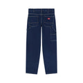 Vaqueros Dickies 993 Regular Tapered Carpenter dark indigo, vista trasera en plano con etiqueta roja Dickies, bolsillos de parche, trabilla para martillo y bolsillo utilitario.