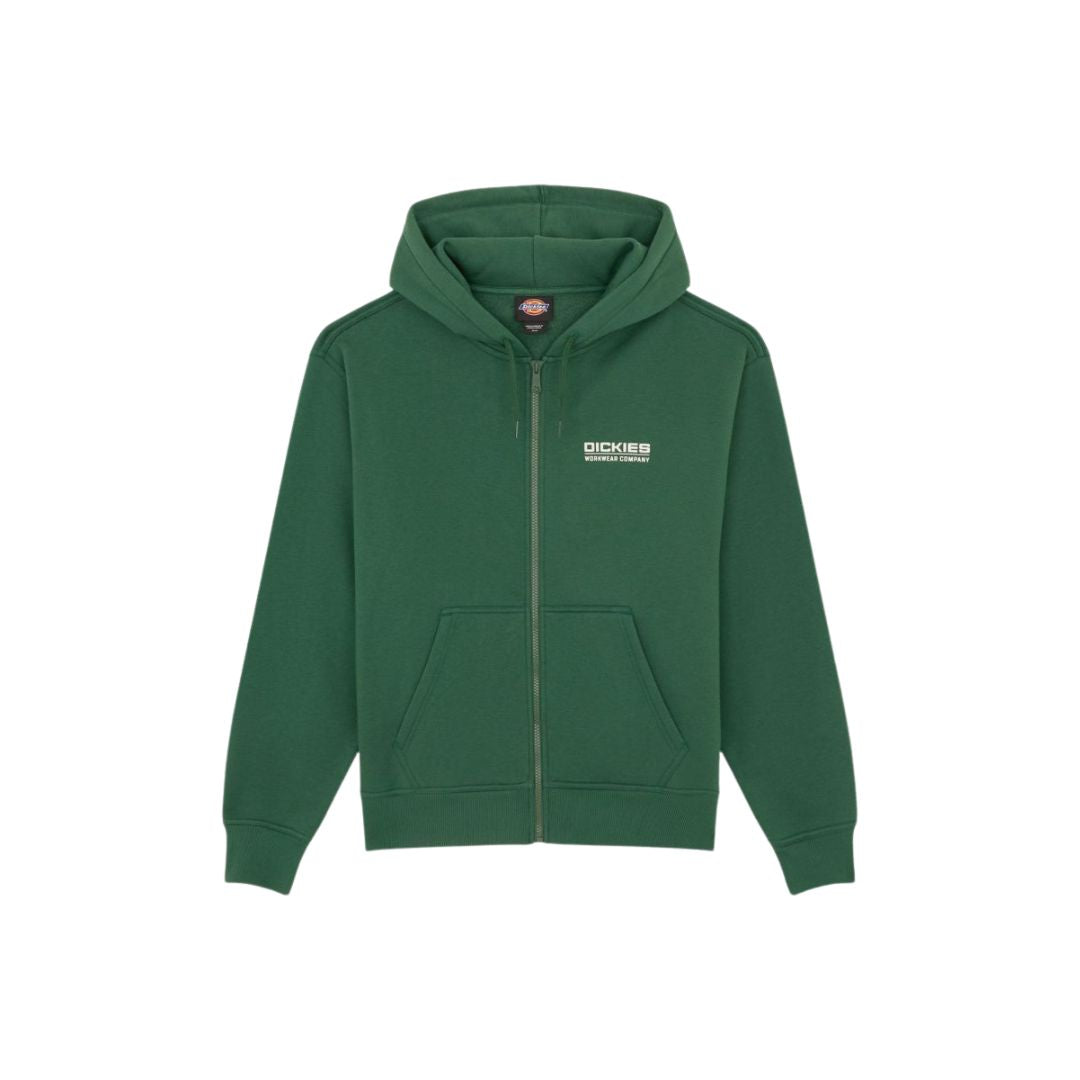 Sudadera Dickies Bolivar FZ Hoodie color Pine Needle Green - vista frontal con cremallera completa.