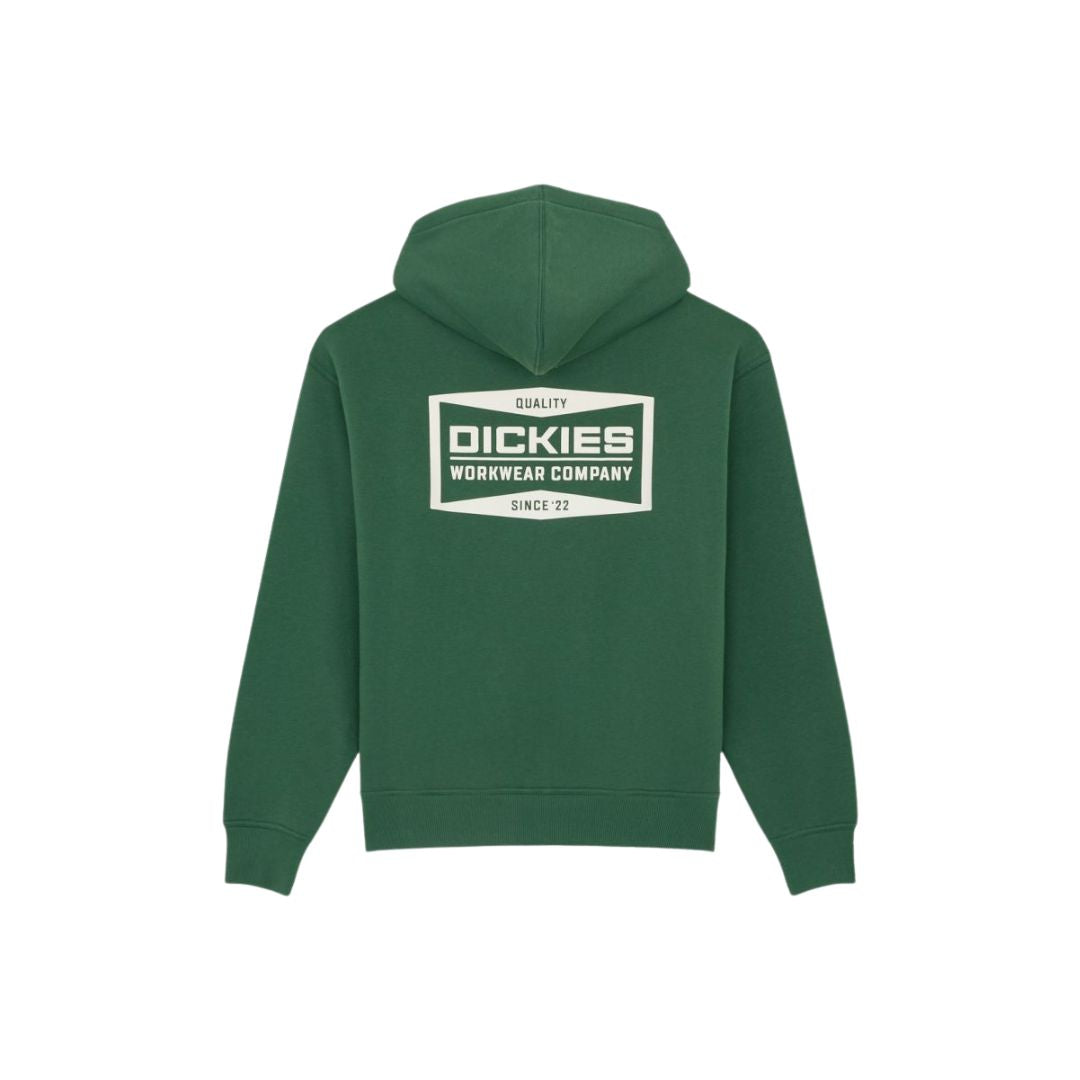 Sudadera con cremallera y capucha Dickies Bolivar FZ color Pine Needle Green - vista trasera con logo en relieve.