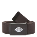 Cinturón Dickies Orcutt Webbing Belt en marrón oscuro enrollado sobre fondo blanco, mostrando el tejido de poliéster resistente y la hebilla metálica con logo.