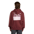 Modelo vistiendo sudadera Dickies Donut House Hoodie color andorra vista trasera con estampado retro.