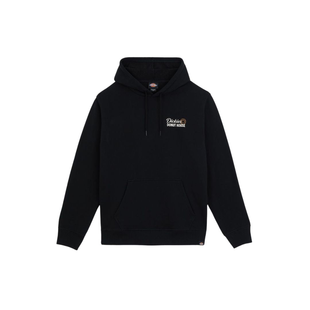 Sudadera Dickies Donut House Hoodie negra, vista frontal con capucha ajustable y bolsillo canguro.