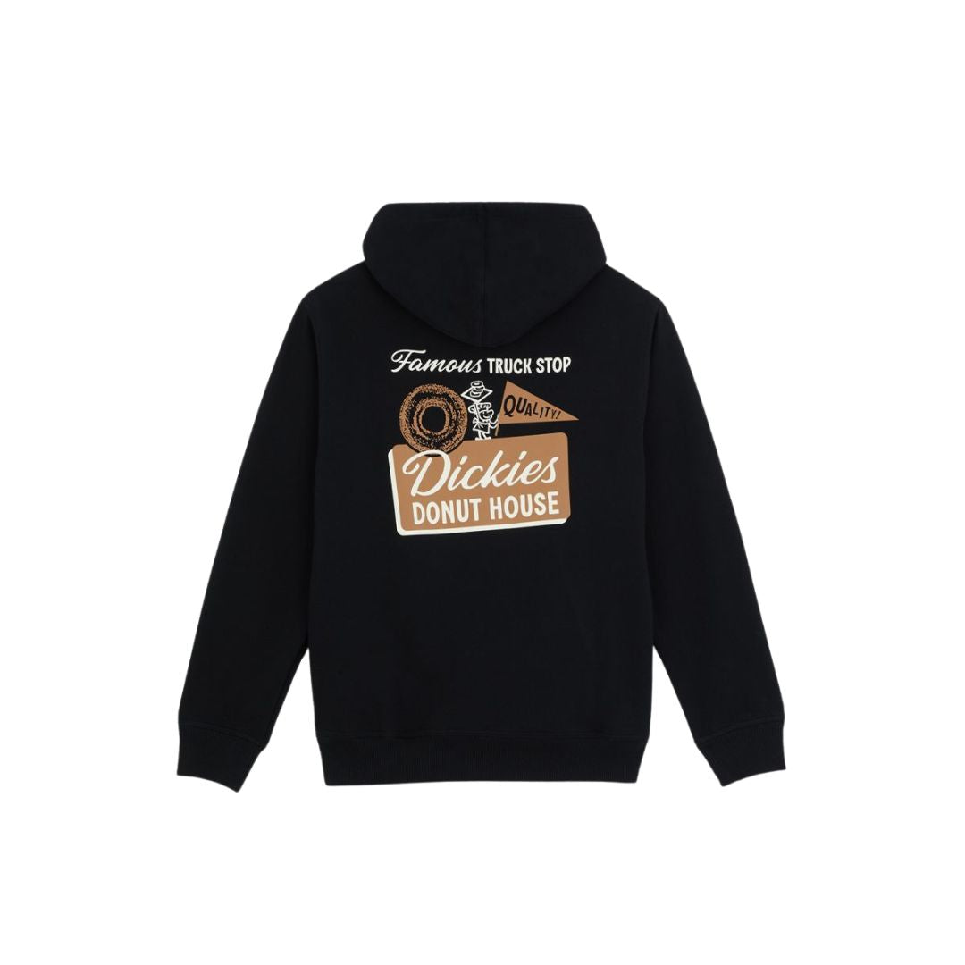 Sudadera Dickies Donut House Hoodie negra, vista trasera con gráfico retro grande en la espalda.