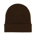 Dickies Gibsland Beanie, gorro de punto marrón en plano cenital sobre fondo blanco, con dobladillo vuelto, costura central superior y tejido acrílico antibolitas.