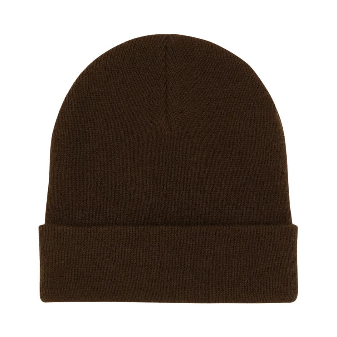 Dickies Gibsland Beanie, gorro de punto marrón en plano cenital sobre fondo blanco, con dobladillo vuelto, costura central superior y tejido acrílico antibolitas.