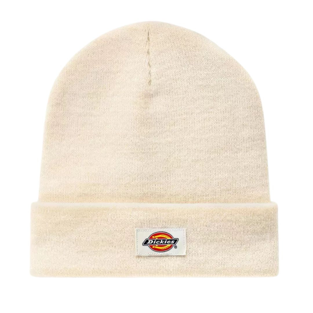 Gorro Dickies Gibsland Beanie color ecru de punto con vuelta y logo frontal bordado.