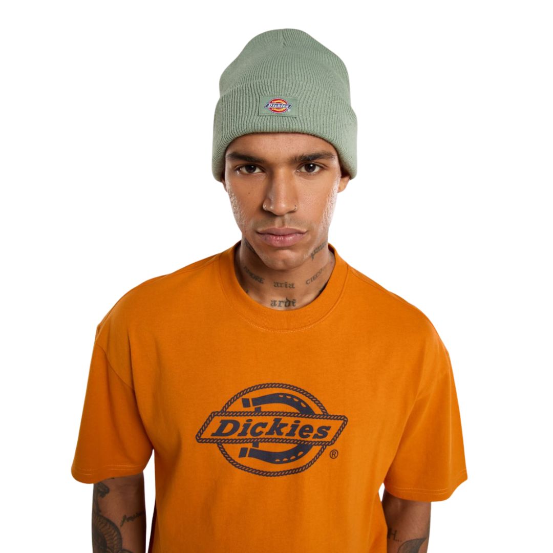 Gorro Dickies Gibsland Beanie color verde Sea Spray en look de hombre, vista frontal.