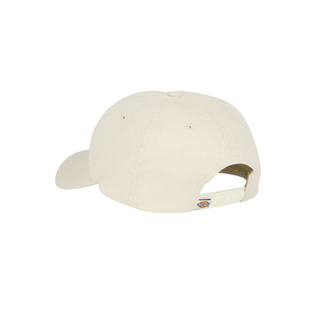 Vista trasera de la gorra Dickies Hardwick beige Whitecap Gray con cierre ajustable snapback.