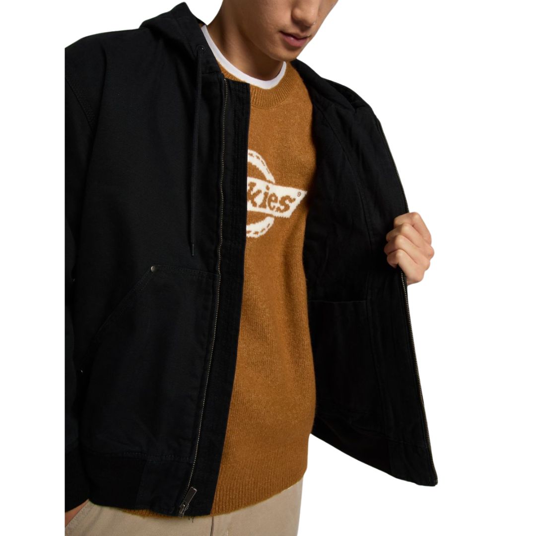 Vista interior de la chaqueta Dickies Hilham Hooded Canvas negra mostrando forro y capucha.