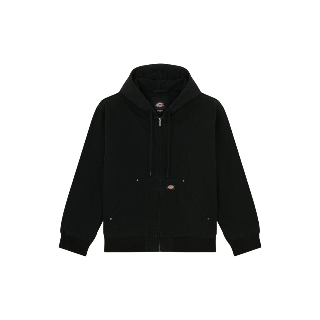 Chaqueta Dickies Hilham Hooded Canvas negra vista frontal con capucha y cremallera.