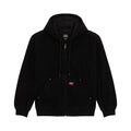 Dickies Hilham LN DNM Hood Bomber, chaqueta vaquera negra en plano frontal con capucha, cordón, cremallera metálica, bolsillo canguro con remaches y etiqueta roja tejida de Dickies.