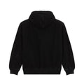 Dickies Hilham LN DNM Hood Bomber, chaqueta vaquera con capucha en denim negro, vista trasera en plano con costura central de la capucha, puños y bajo acanalados en contraste.