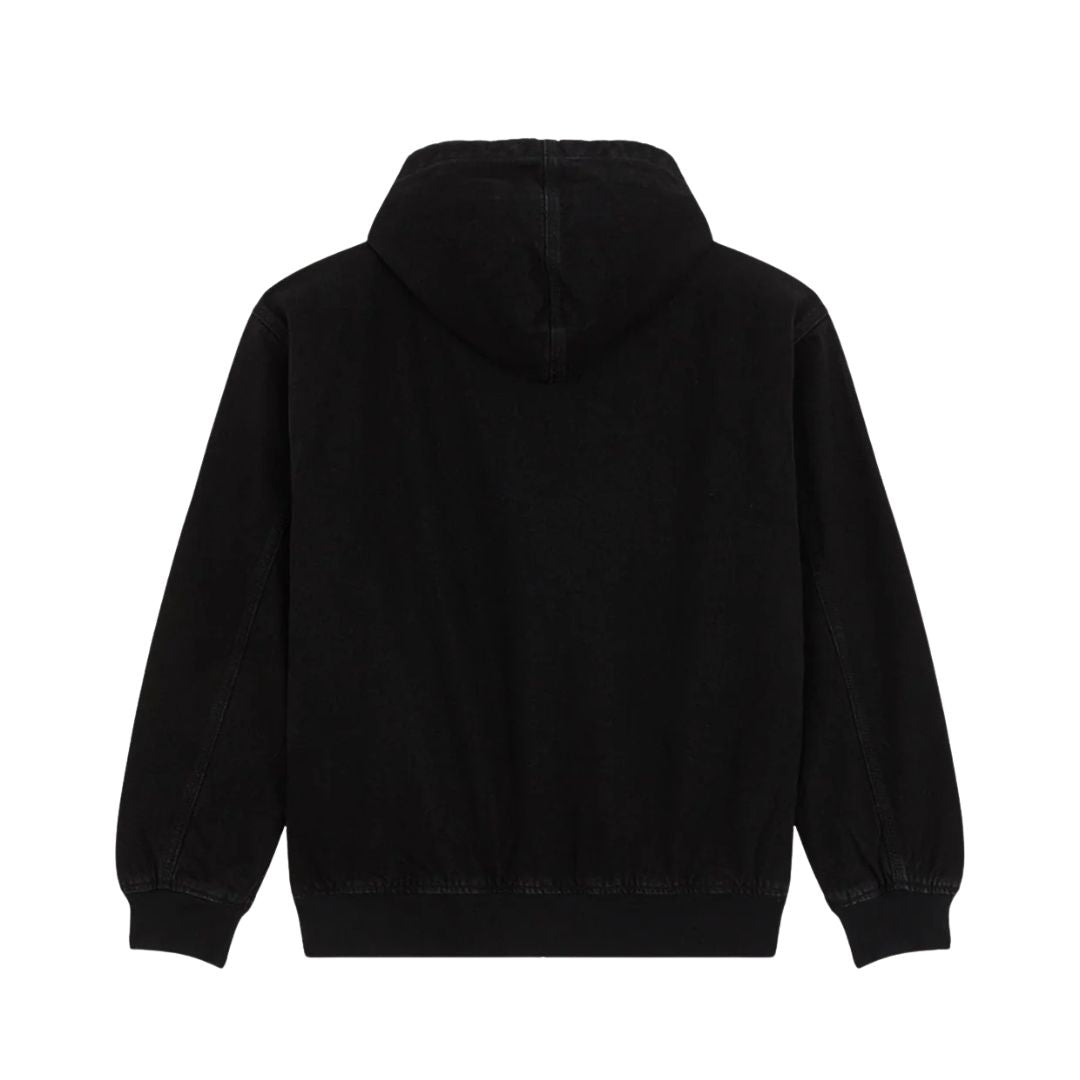 Dickies Hilham LN DNM Hood Bomber, chaqueta vaquera con capucha en denim negro, vista trasera en plano con costura central de la capucha, puños y bajo acanalados en contraste.