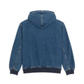 Dickies Hilham LN DNM Hood Bomber, chaqueta vaquera con capucha en denim azul lavado, vista trasera en plano con costuras de la capucha y puños y bajo acanalados azul marino.