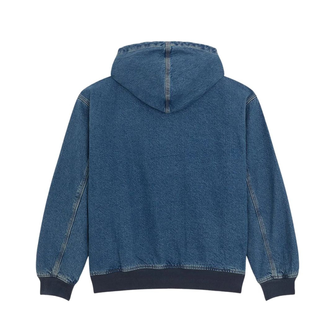 Dickies Hilham LN DNM Hood Bomber, chaqueta vaquera con capucha en denim azul lavado, vista trasera en plano con costuras de la capucha y puños y bajo acanalados azul marino.