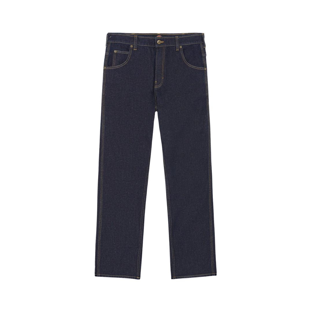 Pantalón vaquero Dickies Houston Denim Rinsed azul oscuro mostrado de frente sobre fondo blanco.