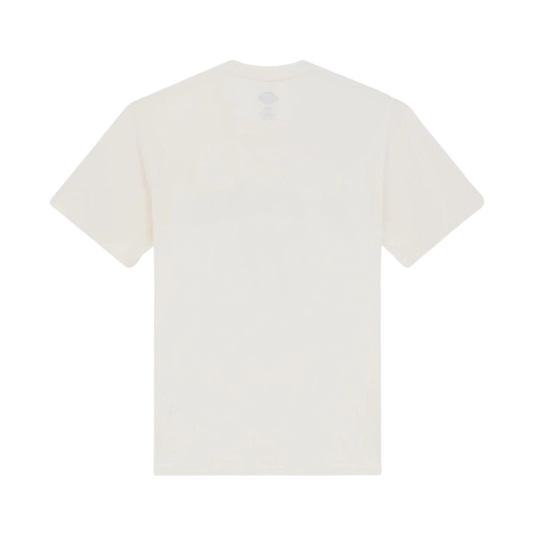 Dickies McDermitt SS Tee, camiseta blanca crudo de manga corta, vista trasera en plano con cuello redondo acanalado, hombros rectos y dobladillo recto boxy.