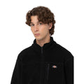 Primer plano del modelo vistiendo el forro polar Dickies Mount Hope Fleece color Black con el logo bordado en el pecho.