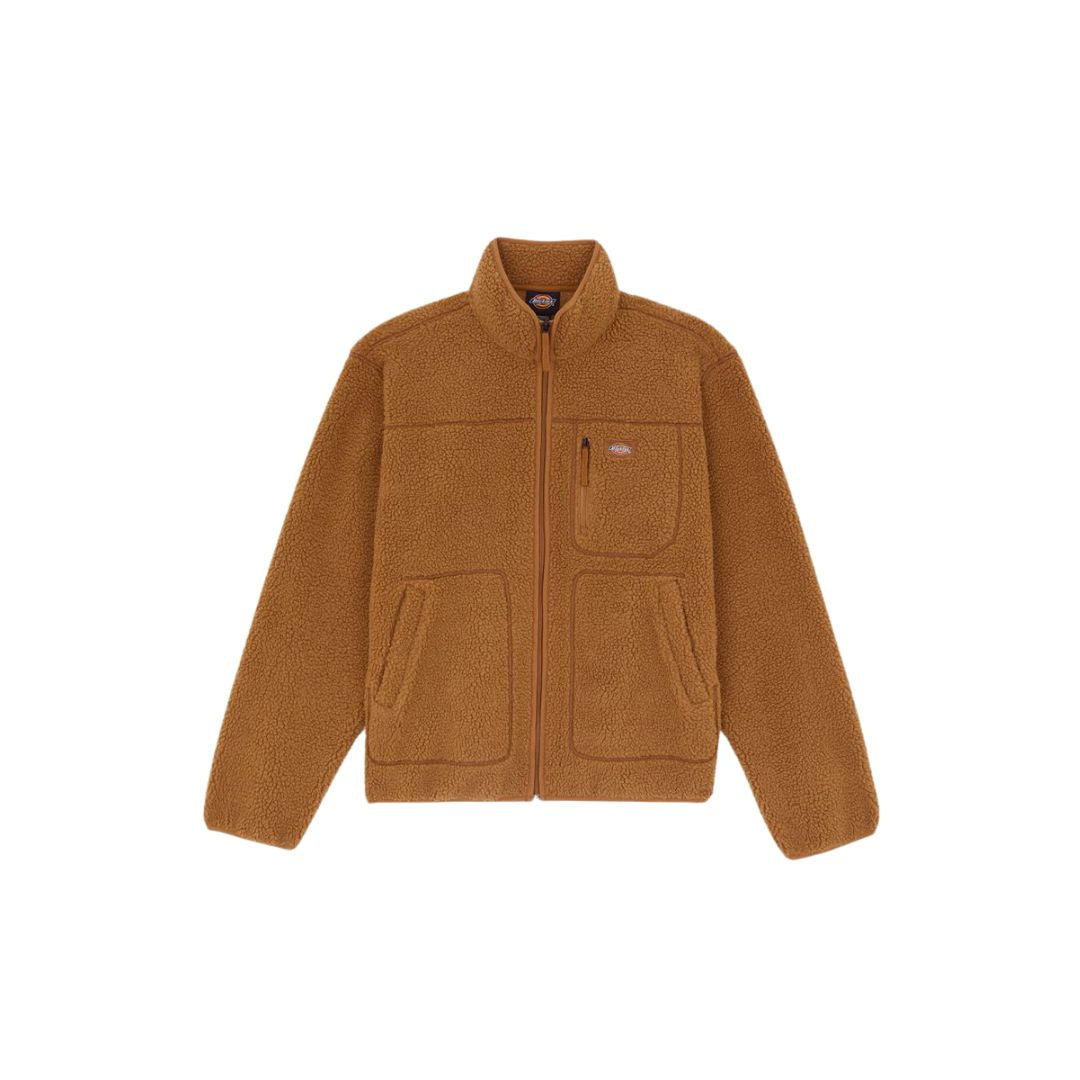 Vista trasera del forro polar Dickies Mount Hope Fleece color Brown Duck mostrando su diseño de corte relajado y cuello alto.
