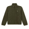 Dickies Mount Hope Fleece, chaqueta de forro polar popcorn verde oliva en plano frontal con cremallera, cuello alto, bolsillo de pecho con etiqueta Dickies y dos bolsillos grandes.