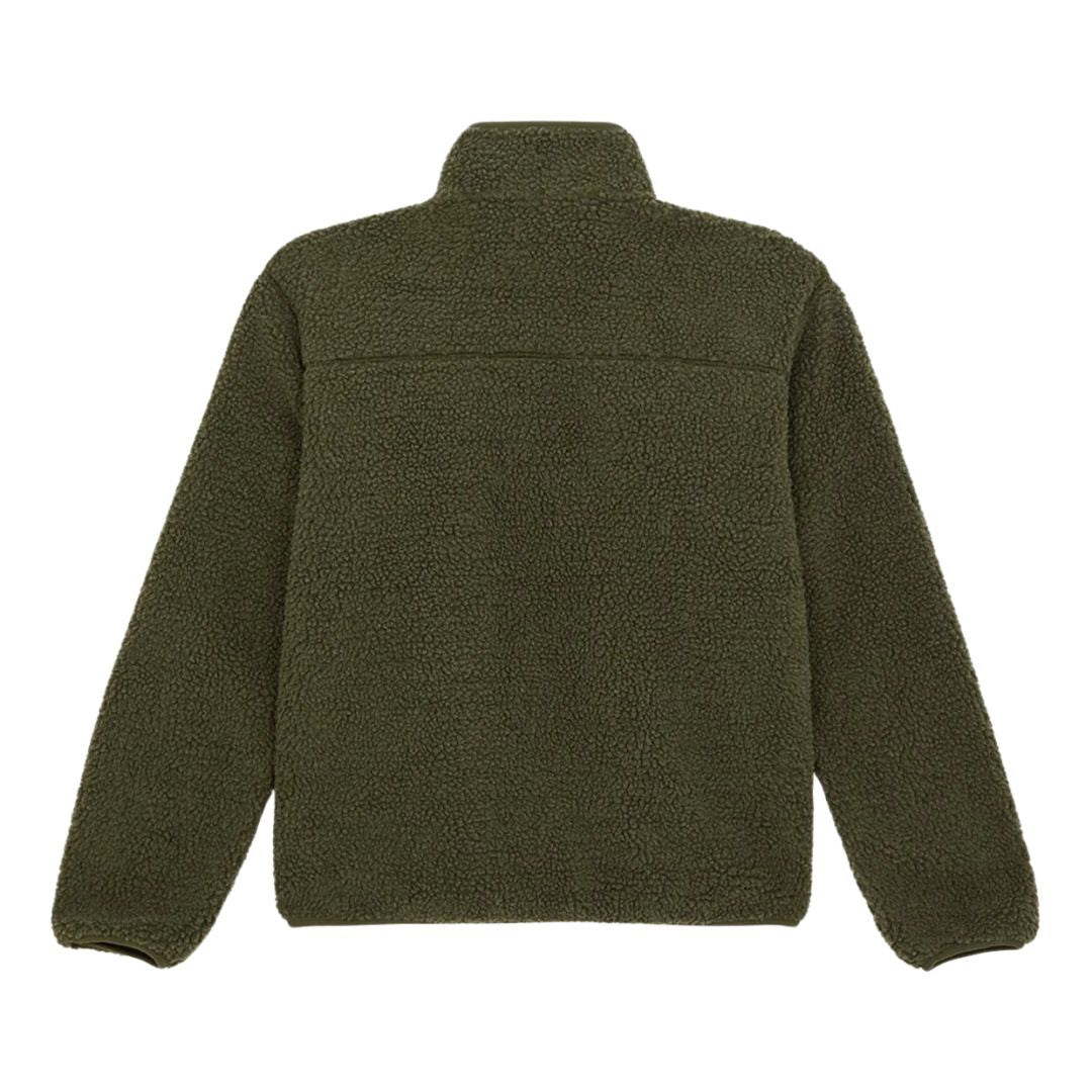 Dickies Mount Hope Fleece, chaqueta de forro polar popcorn verde oliva, vista trasera en plano con cuello alto, costura de canesú en la espalda y puños elásticos.