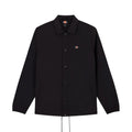 Chaqueta Dickies Oakport Coach Jacket negra colgada, vista frontal completa con cuello clásico y botones a presión.