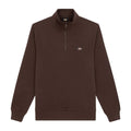Dickies Oakport Quarter Zip, sudadera marrón chocolate de media cremallera vista frontal, con cuello alto, cremallera a tono y pequeña etiqueta Dickies en el pecho.