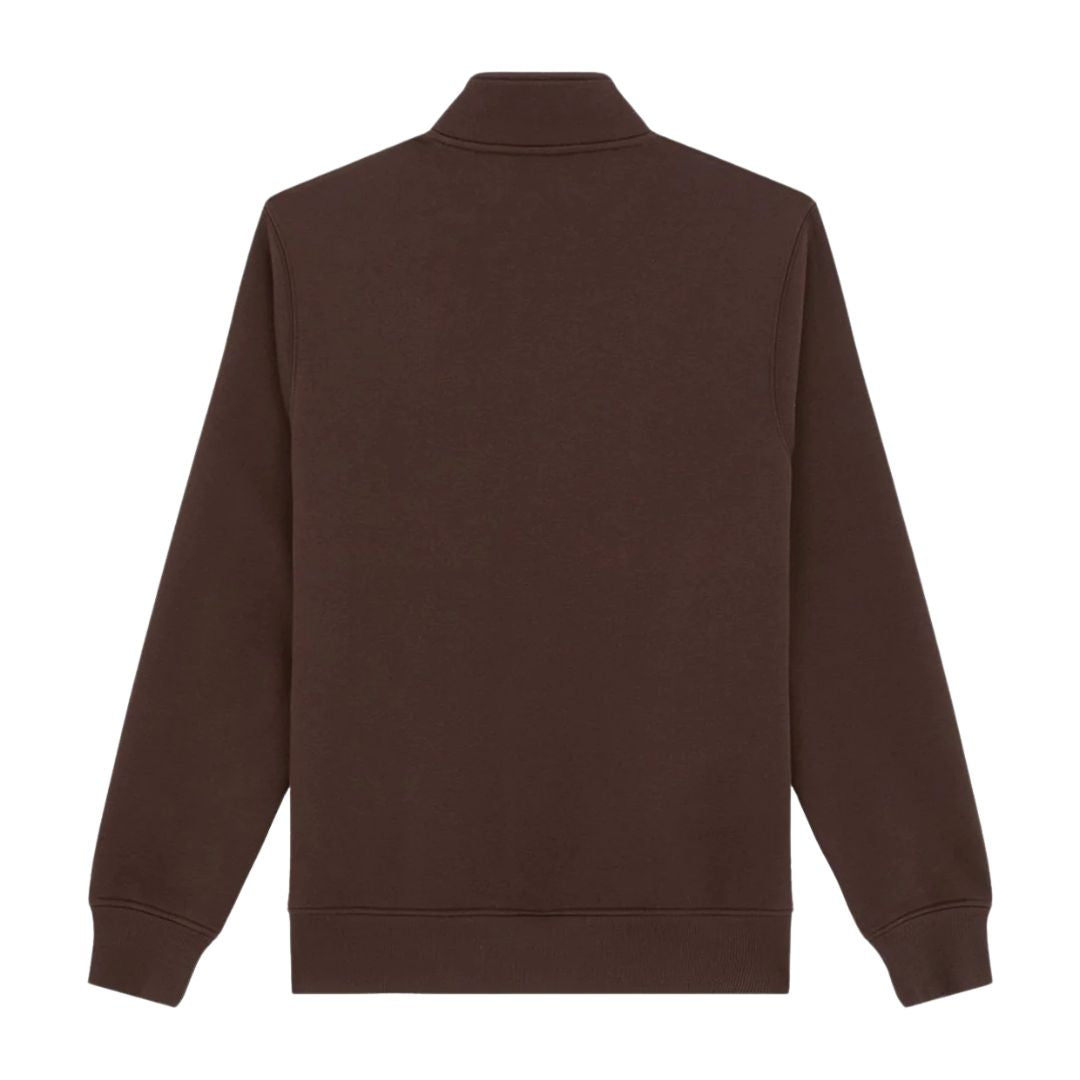 Sudadera Dickies Oakport Quarter Zip marrón chocolate vista trasera sobre fondo blanco, con espalda lisa, cuello alto, costuras de hombro y puños y cintura de canalé.