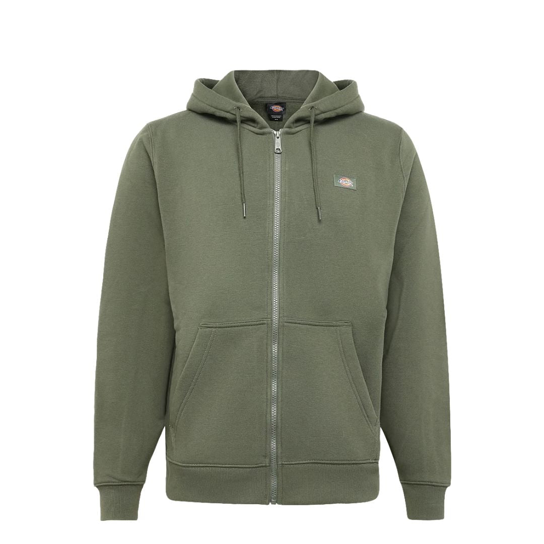 Sudadera con capucha Dickies Oakport Zip Hoodie verde Deep Depth, vista frontal con cremallera completa, cordones de la capucha, dos bolsillos canguro y parche Dickies en el pecho.