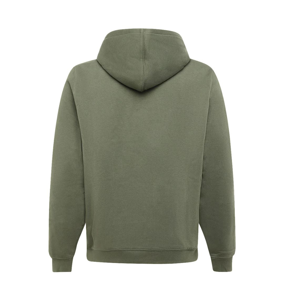 Vista trasera de la sudadera con capucha Dickies Oakport Zip Hoodie verde Deep Depth sobre fondo blanco, con espalda lisa, capucha con costura central y puños de canalé.