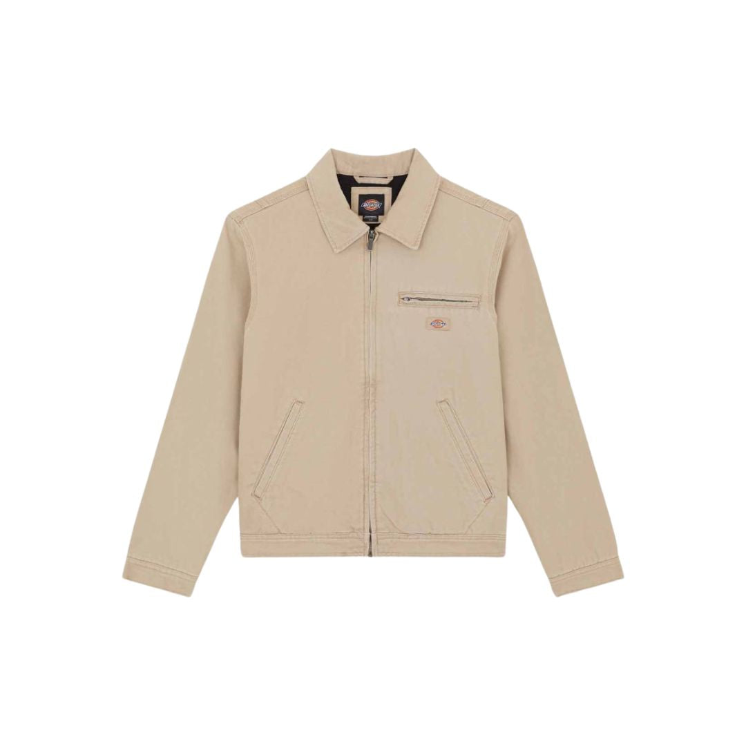 Chaqueta Dickies Painter Jacket Canvas color desert sand con cremallera y bolsillos diagonales, vista frontal.