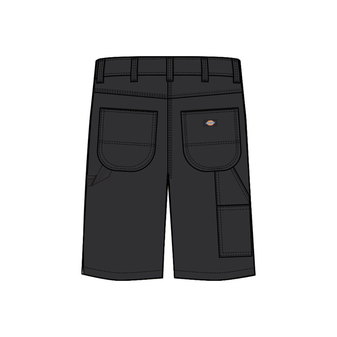 Vista trasera de los pantalones cortos Dickies Duck Carpenter Short negros con bolsillos traseros y bolsillo tipo carpenter.