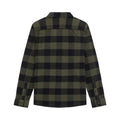 Dickies Sacramento Shirt, camisa de franela a cuadros verde oliva y negro, vista trasera en plano con costura de canesú en los hombros, cuello y manga larga.