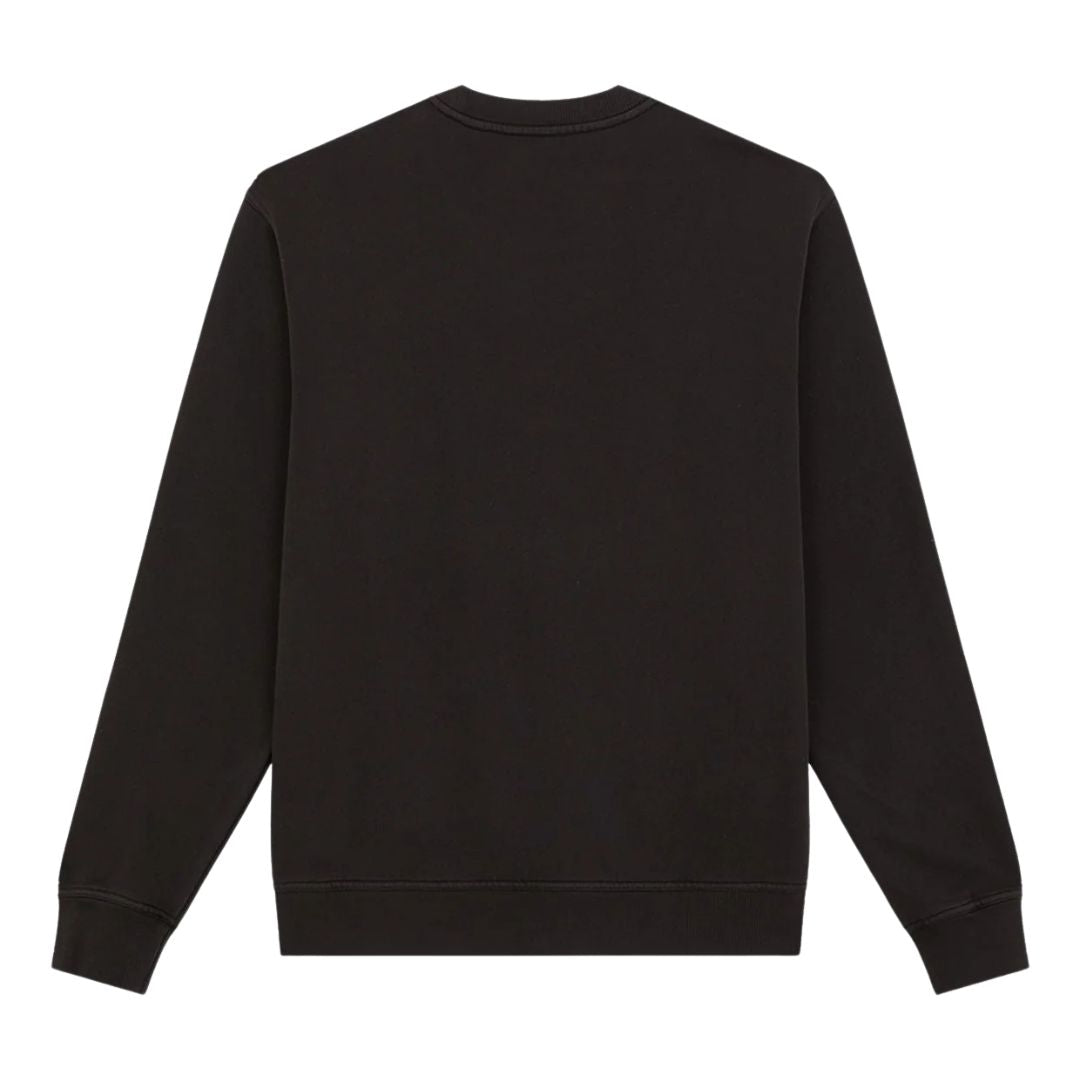 Dickies Sutcliffe Sweatshirt, sudadera marrón oscuro de cuello redondo, vista trasera en plano con costura de hombro y puños, cuello y bajo acanalados.