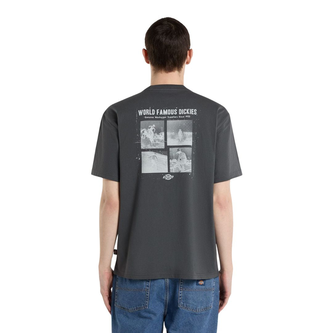 Vista trasera de la camiseta Dickies Wolfhurst SS Tee gris carbón con gráfico “World Famous Dickies” y composición de imágenes de inspiración workwear.