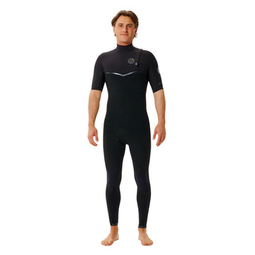 Traje de surf de primavera Rip Curl E-Bomb 2/2 sin cremallera negro, vista frontal completa en hombre, con panel chevron en pecho, logo Wetsuits, bolsillo para llaves y logo E7 en manga.