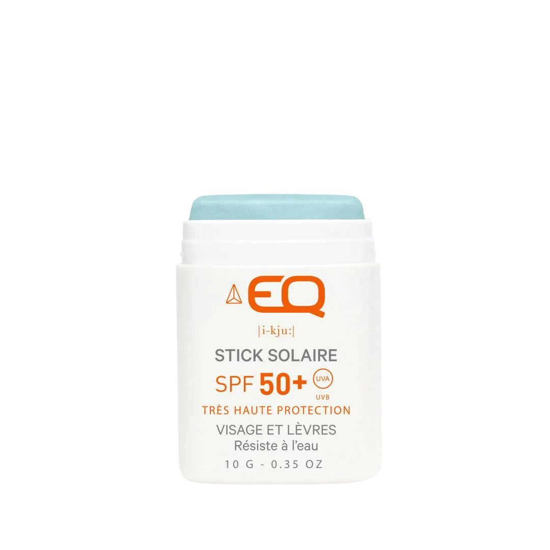 EQ stick solaire SPF50+ bio color turquesa protector solar facial y labios muy alta protección resistente al agua.