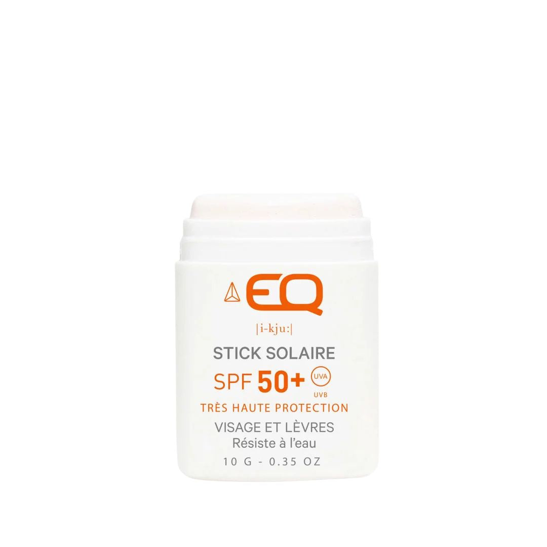 EQ stick solaire SPF50+ bio color blanco protector solar facial y labios alta protección resistente al agua.