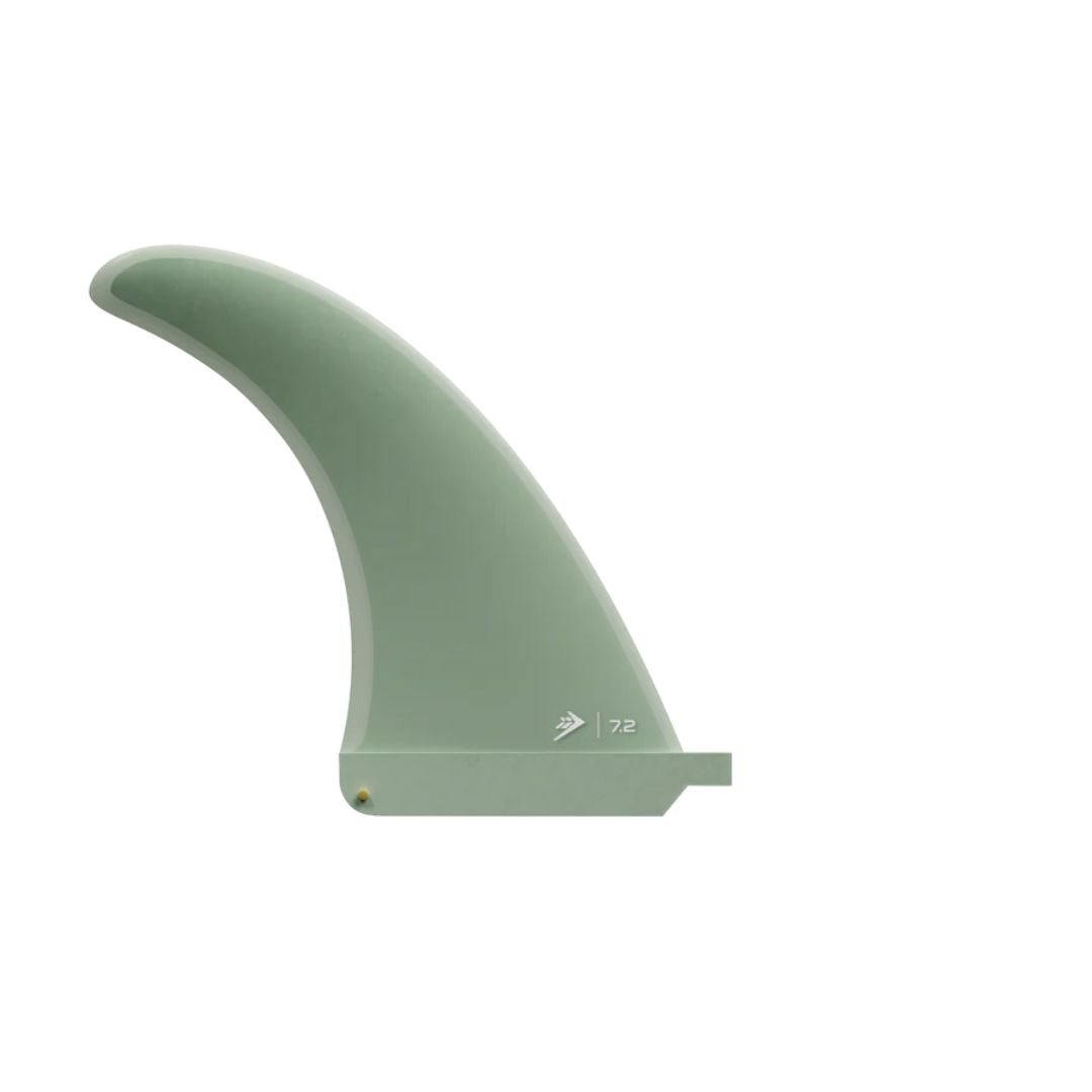 Firewire 7.2" Single Fin en color verde salvia Seafoam, vista lateral de la quilla individual para midlength y longboard con marcaje 7.2 en la base.