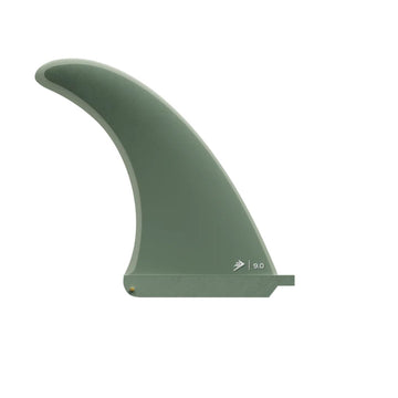 Firewire 9" Single Fin en color verde salvia Seafoam, vista lateral de la quilla individual para longboard y midlength con marcaje 9.0 visible en la base.