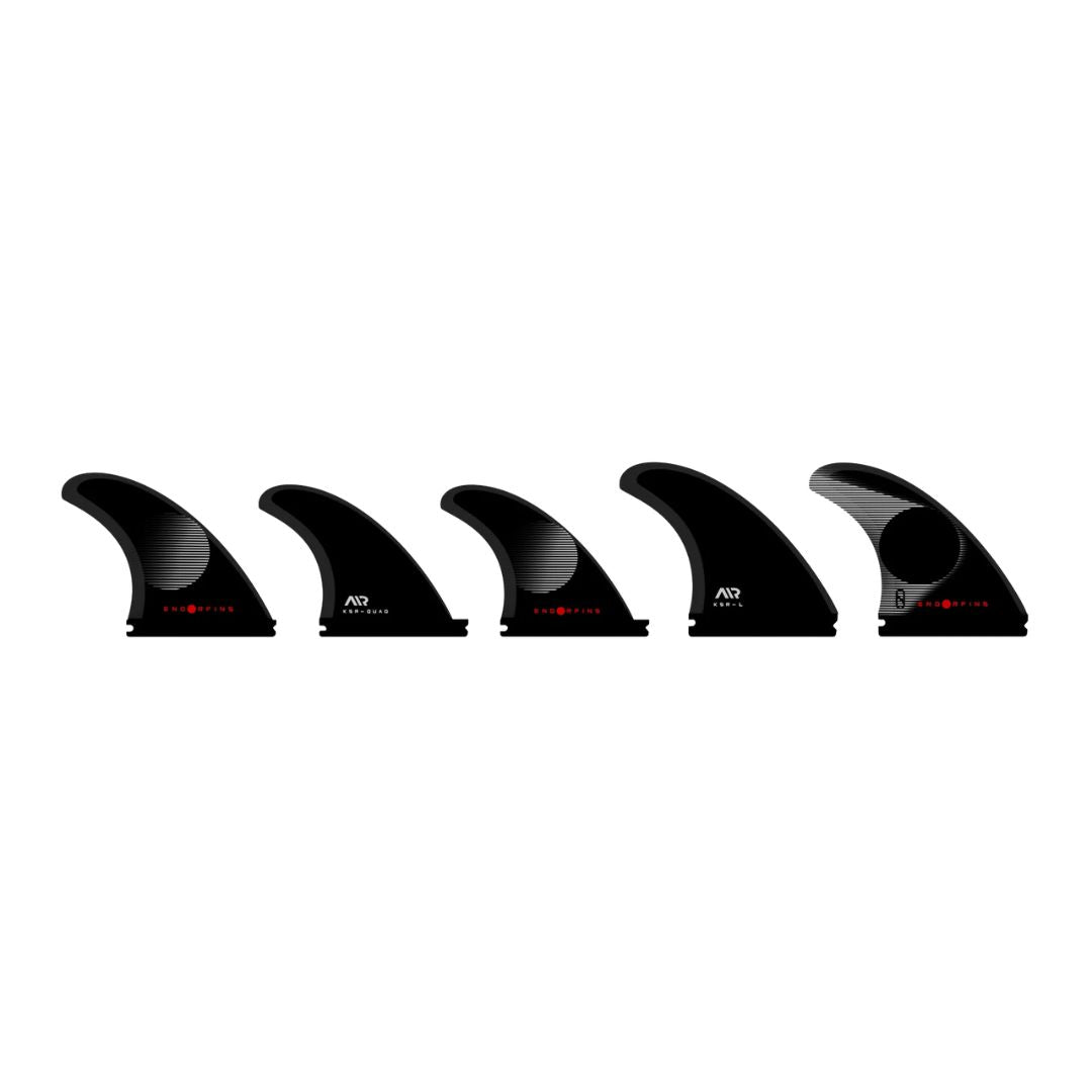 Set completo de 5 quillas Firewire Endorfins KSR talla Large, mostrando la plantilla rake trasera, quad y delantera del pack.