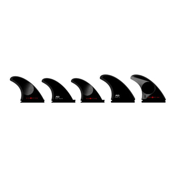 Set completo de 5 quillas Firewire Endorfins KSR talla Large, mostrando la plantilla rake trasera, quad y delantera del pack.