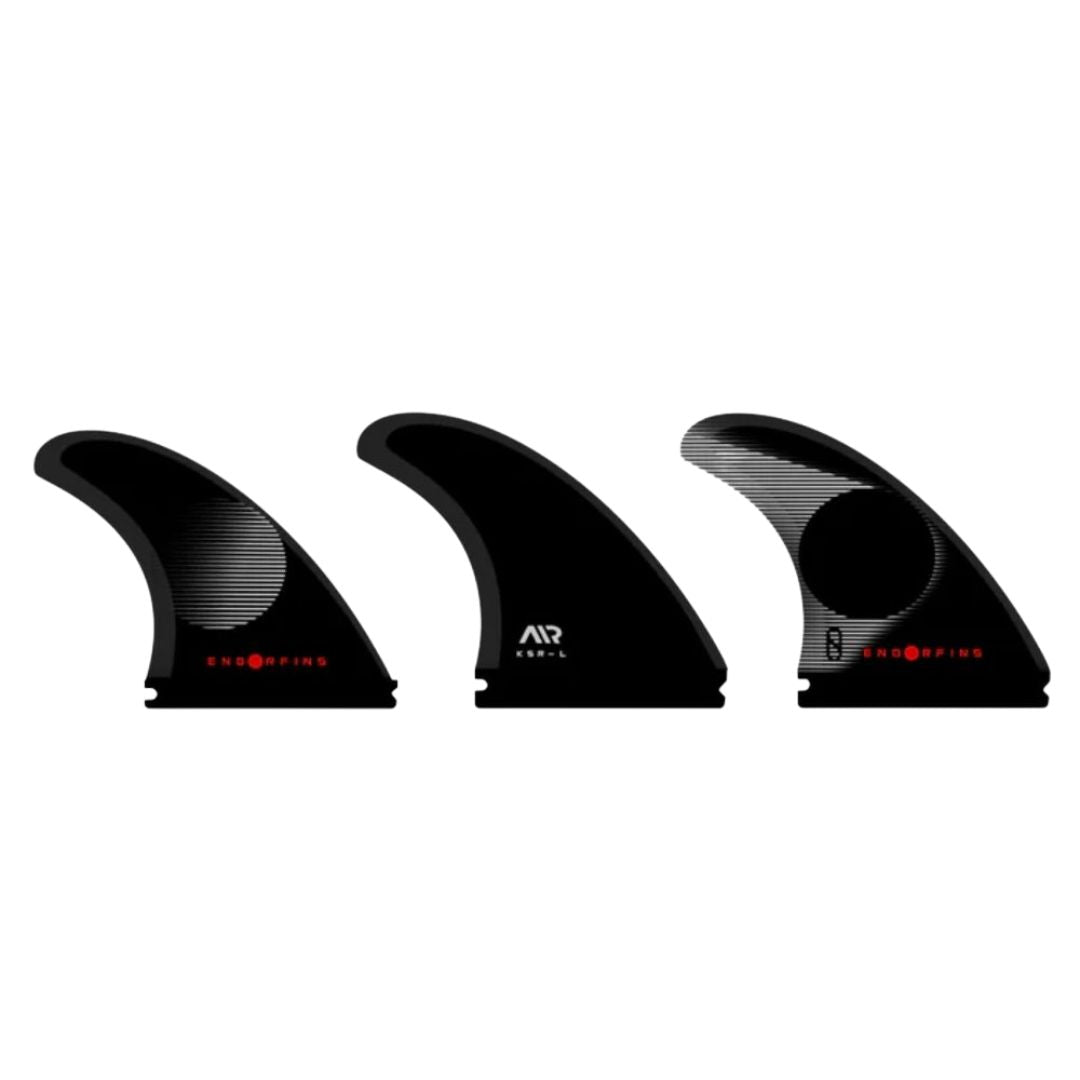 Firewire KSR Rake 3 Fin quillas tri-fin negras con logotipo blanco, juego de tres quillas performance para sistema Futures.