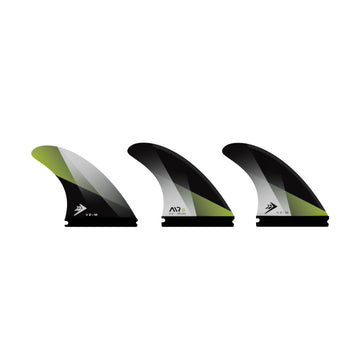 Set de 3 quillas Firewire Velox talla Medium en acabado negro con acento verde, configuración thruster con las tres unidades del pack.